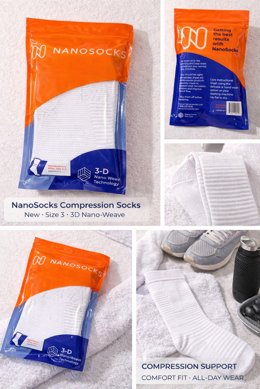 NanoSocks Compression Socks – White | Size 3 | New in Package
